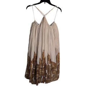 HM Women Cream Paisley Pleated Mini Dress Spaghetti Strap Boho XS